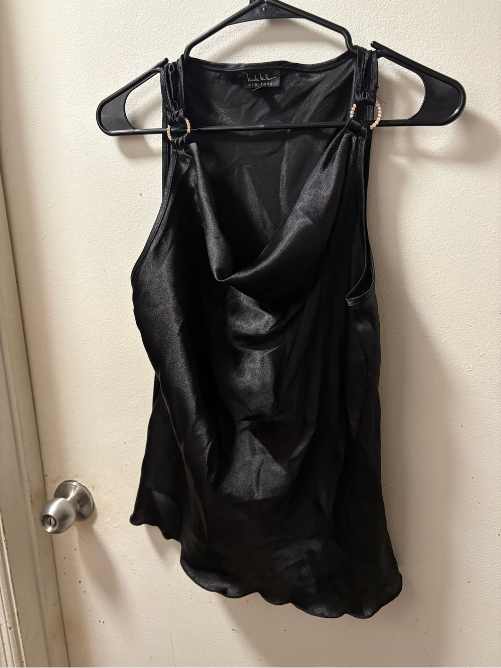 Nicole Miller Black Satin Cowl Neck Camisole with Ring Straps size M